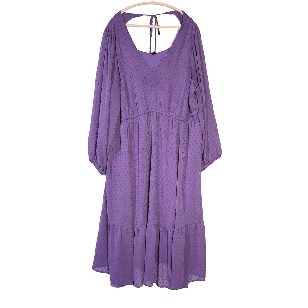Torrid Purple Clip Dot Midi Dress Size 4X Long Sleeve Tie Back Elastic Waist